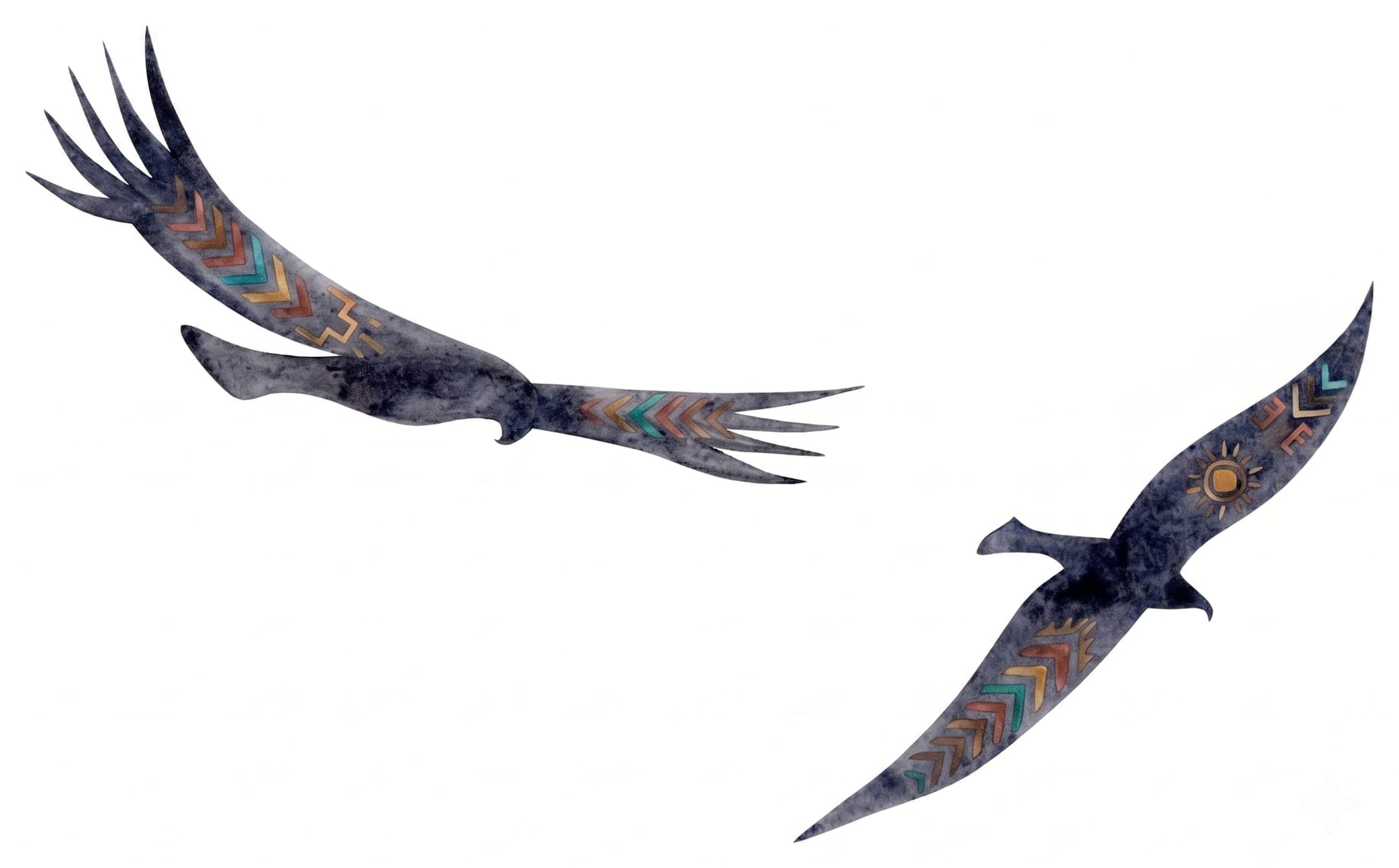 Watercolour illustration of two birds in flight, their wings marked with Indigenous-inspired patterns