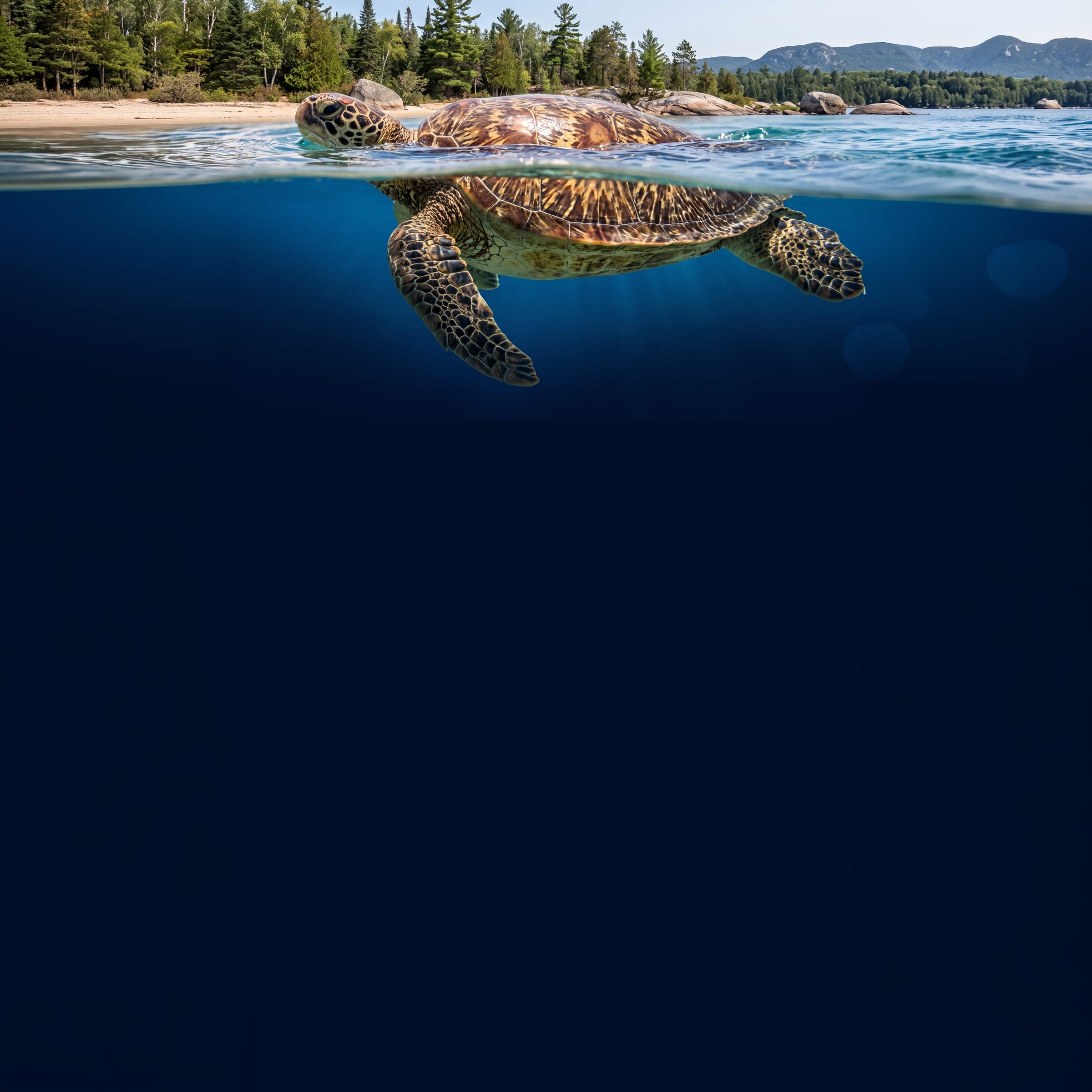 A turtle surfacing in clear water beside a forested shoreline